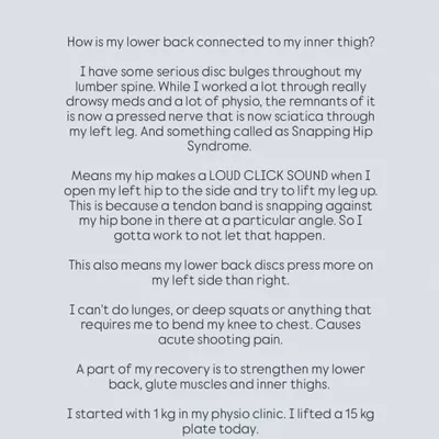A text post explaining my personal journey with disc bulges, sciatica, and Snapping Hip Syndrome. It’s about how I use strengthening to recover and manage my pain.