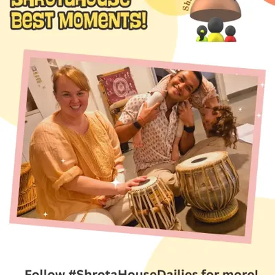 A beautiful moment where a mother and child explore the rhythm of the tabla together. Our workshops encourage parents to jump in and share the experience, making learning a joyful family activity.