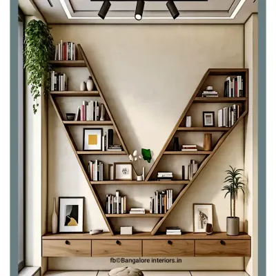 A statement V-shaped bookshelf that acts as a functional art piece in this room. The wooden unit provides ample space for books and decor, with built-in drawers below for additional storage.