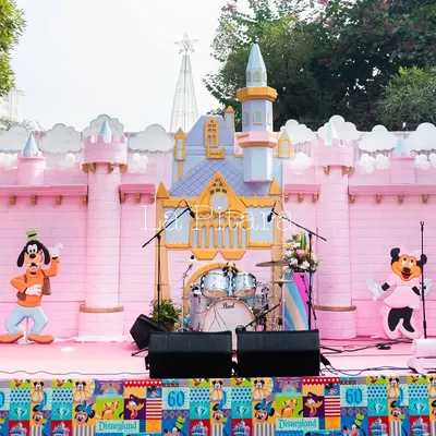 The main stage for a Disneyland-themed Christmas brunch. We built a custom Disney castle backdrop, complete with character cutouts of Goofy and Minnie Mouse, creating a magical setting for live entertainment.