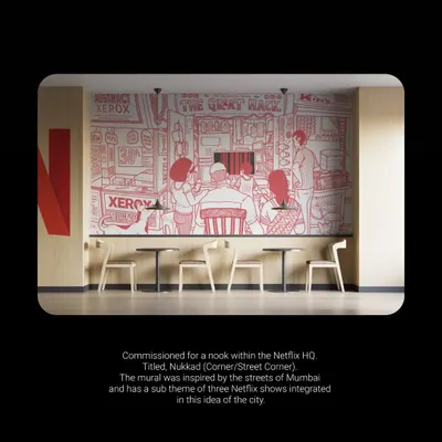 An overview of the 'Nukkad' mural commissioned for a nook within the Netflix HQ. The design was inspired by the streets of Mumbai and integrated themes from three Netflix shows.