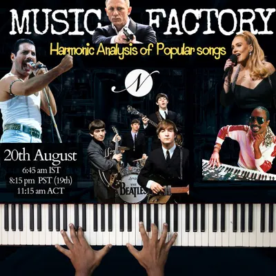 In our "Music Factory" workshops, we perform harmonic analysis of popular songs from artists like The Beatles, Adele, and Queen. We explore unique music theory concepts like the "Something" chord progression, the Andalusian Cadence, and whole-tone scalar motion to reveal the genius behind the hits.