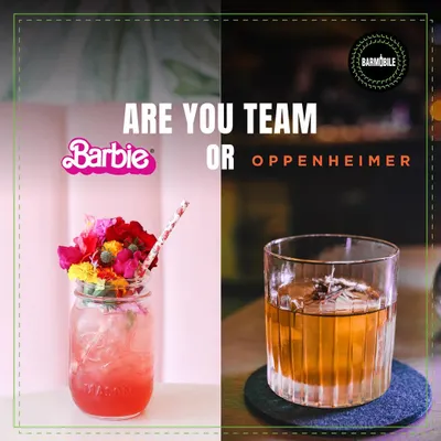 Your party's theme is my command. Here you can see how we created two distinct cocktails to match the Barbenheimer trend, a floral pink drink for Barbie and a classic old fashioned for Oppenheimer.