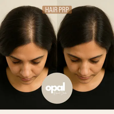 A clear before-and-after comparison showing the effectiveness of PRP for hair loss. Notice the visible increase in hair volume and the reduced appearance of the scalp parting, which helps restore confidence.