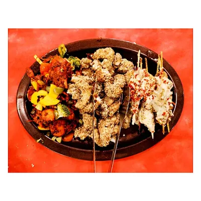 A mouth-watering platter of assorted starters, including crispy crumb-fried chicken, creamy Malai chicken skewers, and a tangy chicken stir-fry with bell peppers.