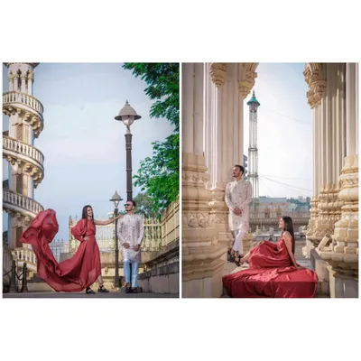 A diptych showcasing a pre-wedding shoot at a location with grand European-style architecture, highlighting both the scale of the building and the couple's connection.