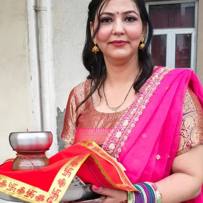 A glimpse of a Karwa Chauth makeup look. She looks absolutely radiant and happy, ready for her celebrations.