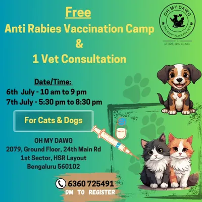 We believe that preventive health is a gift. This poster announces our free anti rabies vaccination camp for both cats and dogs, including a complimentary vet consultation. It's one of the ways we serve our local pet community.