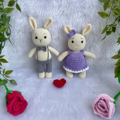 This adorable bunny couple is one of my best sellers. The boy bunny has a little bow tie and suspenders, and the girl bunny has a pretty purple dress. They make a perfect gift for couples or loved ones.