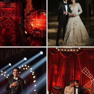 A Sangeet with a Moulin Rouge theme. We used rich red velvet drapes, dramatic lighting, and a grand stage to create a night of theatrical romance and high-energy performances.