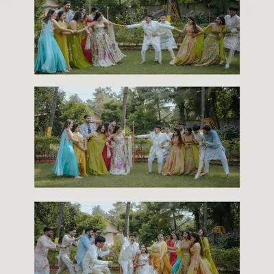 A playful tug of war between the bride's side and the groom's side. This fun-filled collage captures the joy and friendly competition between friends and family.