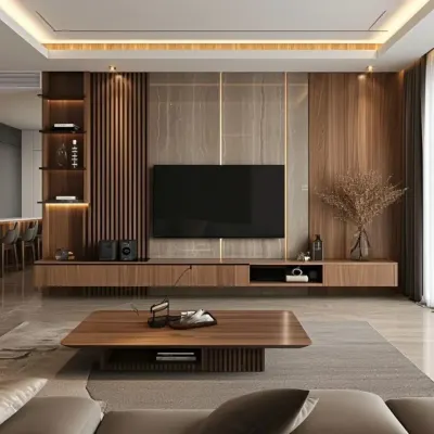 This modern TV unit features a full wall of wood paneling with vertical fluting and integrated shelving, creating a warm and sophisticated media center.