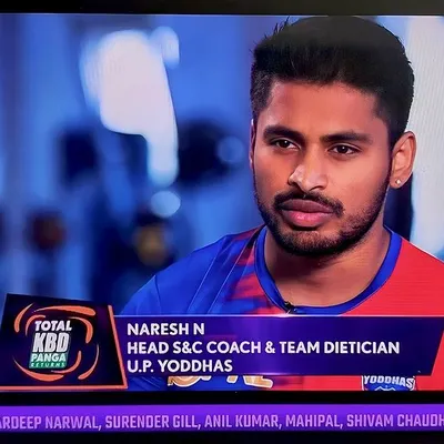 A screenshot from a Star Sports broadcast identifying me as the Head S&C Coach & Team Dietitian for the U.P. Yoddhas. This highlights my role at the highest level of professional kabaddi.