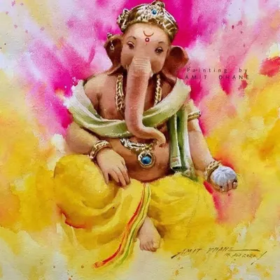 A watercolour painting of Ganpati Bappa, created to celebrate the joy and devotion of the Ganesh festival. The vibrant colours and serene expression are meant to bring blessings and positivity.