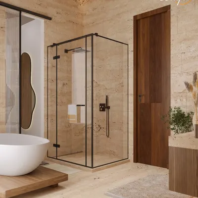 Where calm meets craftsmanship. This bathroom features a freestanding tub on a wooden platform, a glass-enclosed shower, and warm travertine tiles, creating a space where minimalism feels rich and nature walks right in.