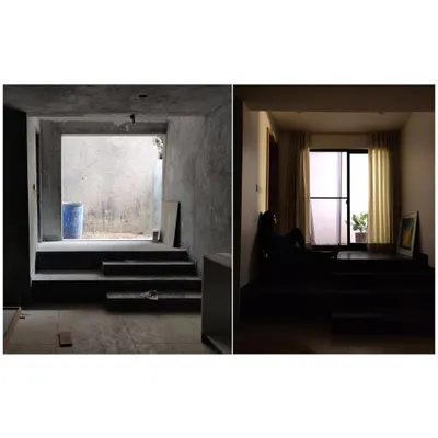 A before-and-after comparison of a bedroom nook. On the left is the raw construction, and on the right is the finished, tranquil space. This shows the transformation from a concrete shell to a peaceful retreat.