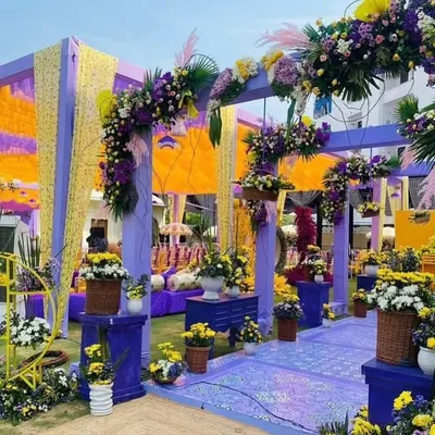 A modern Haldi ceremony with a bold purple and yellow theme. The grand floral arch and walkway create a stunning entrance for this outdoor celebration.