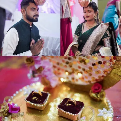 A collage from an engagement ceremony, showing the couple during the puja and a close-up of the beautifully presented engagement rings.