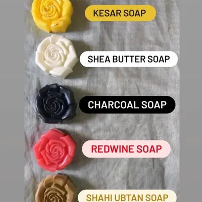 Here is a selection of my handmade soaps, each targeting a different need: Kesar for glow, Shea Butter for moisture, Charcoal for deep cleansing, Red Wine for anti-aging, and Shahi Ubtan for exfoliation.