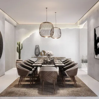 This dining room embodies minimalist luxury. The space is defined by a feature wall with an organic, broken-edge detail, complemented by contemporary furniture and abstract art, creating a serene and sophisticated dining experience.