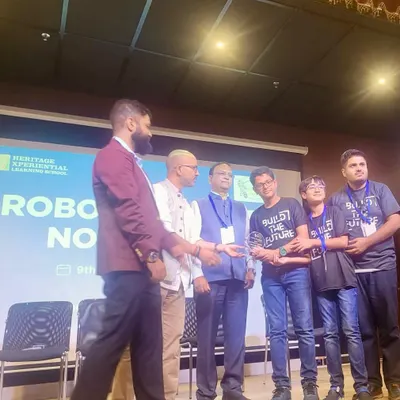 Our team on stage receiving the "Best Hardware Solution" award at the RoboCup Junior North competition. This moment recognizes their excellent engineering and design skills.