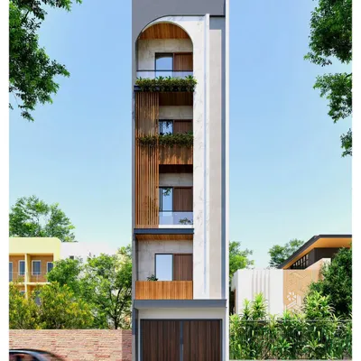 A front elevation designed for a narrow 15-foot plot in West Delhi. The design uses vertical elements, including wood-textured panels and an arched feature on the top floor, to create a sense of height and elegance.
