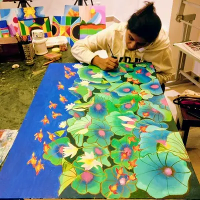 I am so excited to be restarting my adult art classes! This student is working on a large, beautiful lotus pond painting, showcasing the ambitious projects we can tackle together.