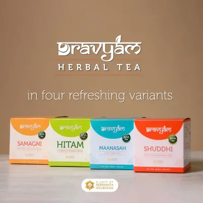 I am pleased to offer my line of Dravyam Herbal Teas, available in four refreshing variants. Each blend, from Samagni for digestion to Maanasah for stress, is carefully crafted to support your holistic well-being.