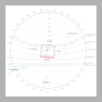 This is a sun path analysis for The Courtyard Glasshouse. By mapping the sun's movement, I can strategically place windows and shading to maximize winter sun and minimize summer heat, creating a naturally comfortable home.