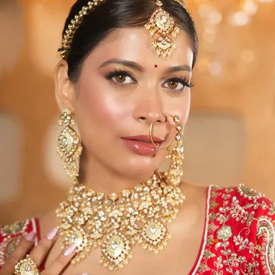 A detailed close-up of a traditional bridal jewellery set, featuring a heavy kundan necklace, matha patti, and nath. I provide these complete sets for rent.
