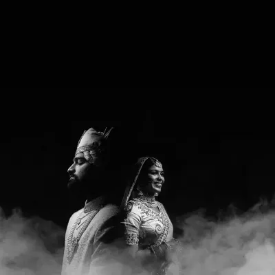 A dramatic black and white portrait of the couple, created with artistic lighting and a smoke effect. This is an example of a signature shot we can create to give you a timeless, powerful image.
