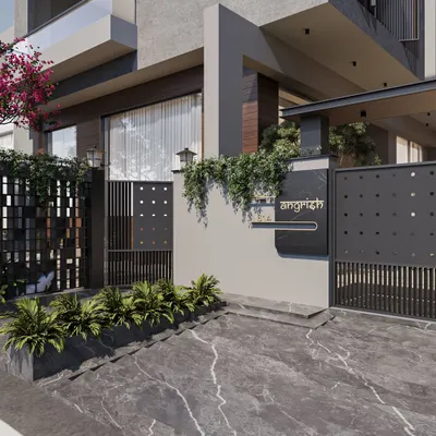 The front facade of this villa is an expression of modern elegance. Clean architectural lines are softened by textured stone, warm wood accents, and layers of natural foliage, creating a welcoming and grand presence.