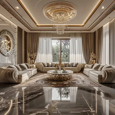 This residential lounge is the epitome of grandeur. The polished black marble floor reflects the light from the magnificent crystal chandelier, while the plush, curved sofas provide luxurious comfort. It's a space designed for elegant entertaining and sophisticated relaxation.