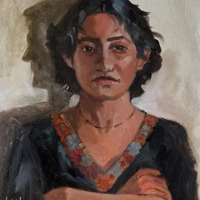 A finished oil on canvas portrait of Anamaya, who posed with such poise for five and a half hours. I focused on capturing her strong presence and the intricate details of her embroidered dress, using the interplay of light and shadow to define her features.