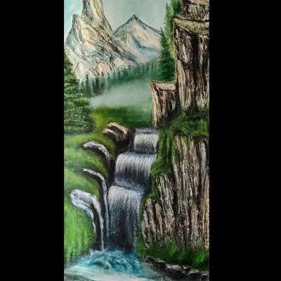 This large 7-foot textured mural was such a joy to create. I wanted to capture the feeling of a powerful mountain landscape, sculpting the rugged cliffs and flowing waterfall with putty and clay to give it a real 3D effect. It feels like you can almost hear the water... a little piece of nature for your home.