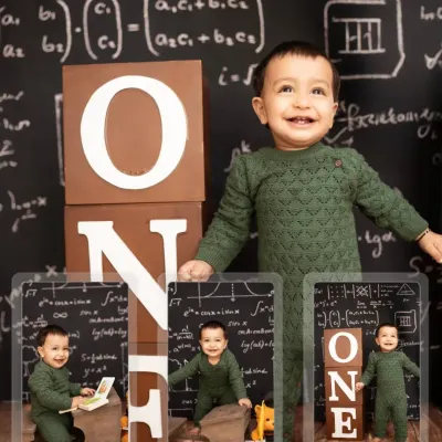 A collage celebrating a first birthday with a fun "little genius" theme, complete with a chalkboard of equations. We can create custom themes based on your ideas.