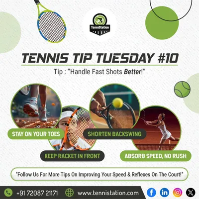 Tennis Tip: To handle fast shots better, stay on your toes, shorten your backswing, and keep your racket in front. Focus on absorbing the ball's speed rather than fighting it.