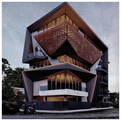 This conceptual residence features a dramatic, angular facade with a perforated corten steel screen. The design plays with geometric forms and contrasting materials to create a unique architectural masterpiece.