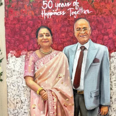 A close-up of the 50th-anniversary portrait. My realistic style aims to capture the couple's warm expressions and the joy of celebrating "50 years of Happiness Together."