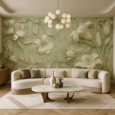 A beautiful living room featuring a 5D mural of white lilies against a soft green background. The embossed texture adds a realistic depth, making the flowers appear to bloom right off the wall.