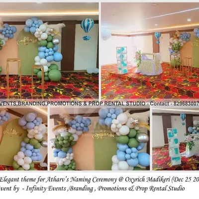 A simple and elegant theme for a naming ceremony in Madikeri. This outstation event featured a semi-arch backdrop with a beautiful organic balloon garland in shades of green, blue, and white, creating a serene and celebratory atmosphere.