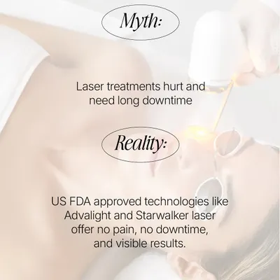 Myth: Laser treatments hurt and need long downtime. Reality: My US FDA-approved technologies like the Advalight (ADVATx) and Starwalker lasers offer comfortable, no-pain treatments with zero downtime and visible results.