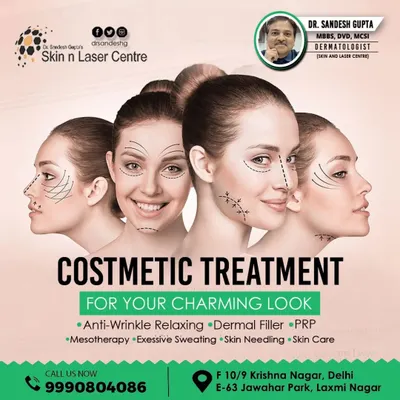 This graphic provides an overview of the cosmetic treatments available at my Skin n Laser Centre. From anti-wrinkle relaxing injections and dermal fillers to PRP and skin needling, I offer a comprehensive range of services for a charming look.