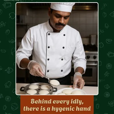 Behind every idly, there is a hygienic hand. We don’t just cook; we care. Clean hands, clean hearts, clean plates.