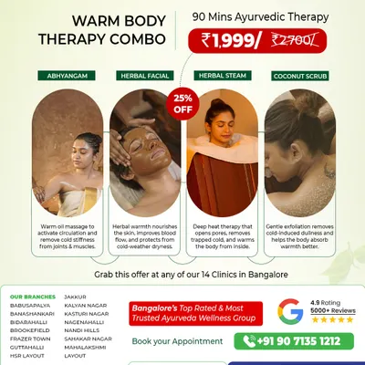Our Year End Warm Body Therapy Combo is specially designed to combat the cold and stiffness of the winter season. This 90-minute package includes Abhyangam, a herbal facial, herbal steam, and a coconut scrub to improve circulation, nourish dry skin, and remove trapped cold from the body.