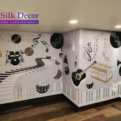 For the true music aficionado, we created this fully custom music-themed wallpaper. The design wraps around the corner of the room, featuring a dynamic composition of instruments, vinyl records, and musical notes to create an immersive, creative atmosphere.