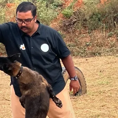 Training a Belgian Malinois for the tracker dog unit in Chamarajanagar. This is the first-of-its-kind center in the country, and I am proud to lead the training.