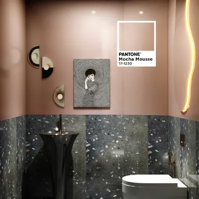 This powder room makes a bold statement with "Mocha Mousse" colored walls paired with dark terrazzo tiles. The unique pedestal sink and abstract mirror add an artistic flair.