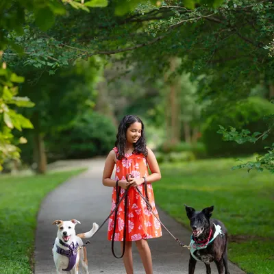 A girl and her best friends. It was so special to capture my own preteen daughter with her two favorite dogs during this outdoor walk.