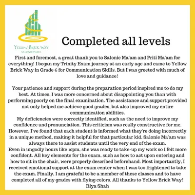 This wonderful testimonial from Riya Shah warms my heart. She joined us as a teenager and has since completed all her senior grade examinations, showing incredible dedication and growth in her confidence and communication skills.